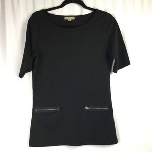 Black Casual Work Top Exposed Zipper 3/4 Sleeve